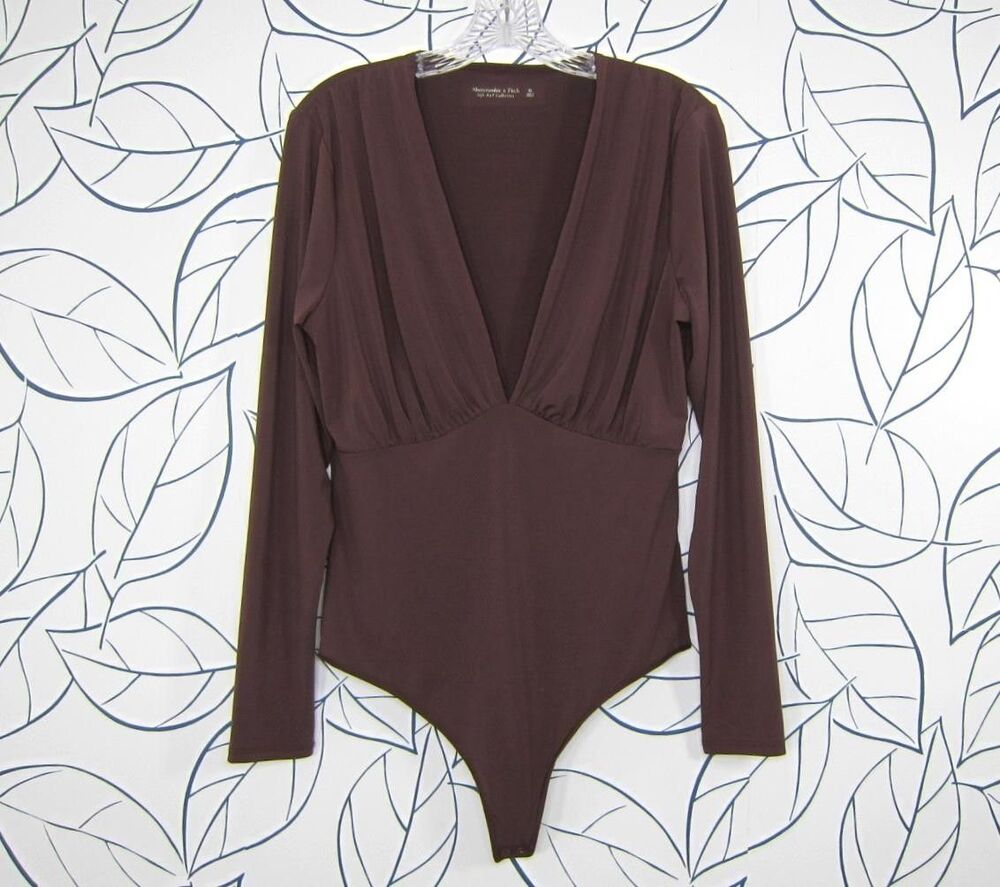 Abercrombie & Fitch Soft A&F Long Sleeve Deep V-Neck Bodysuit Brown Size XL NWOT